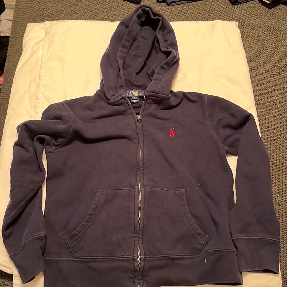 Youth Size Medium full-zip navy blue Polo hooded sweatshirt